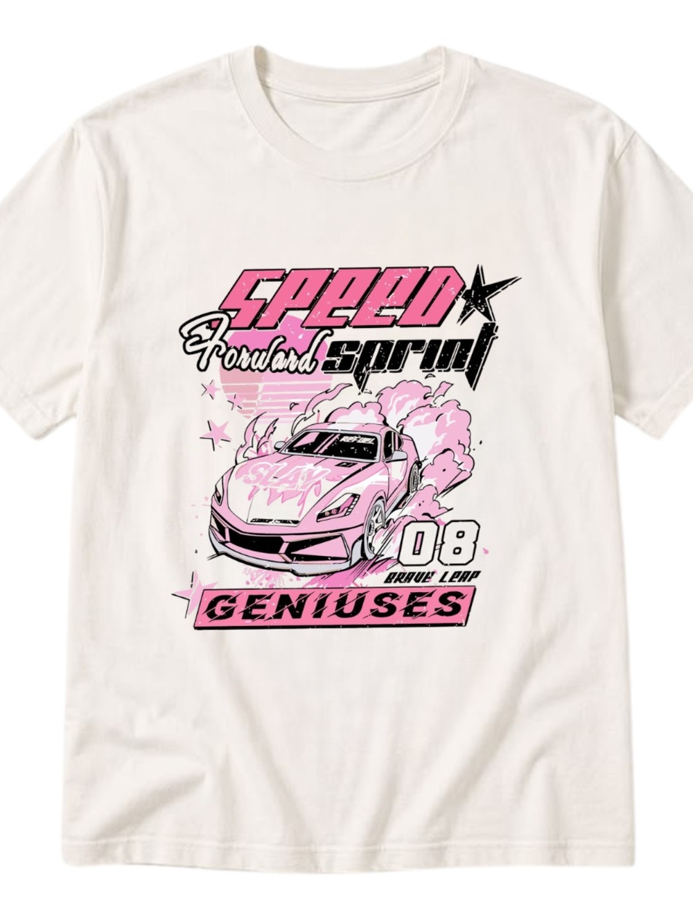 Gildan White Tee with Pink and Black Racing Graphic